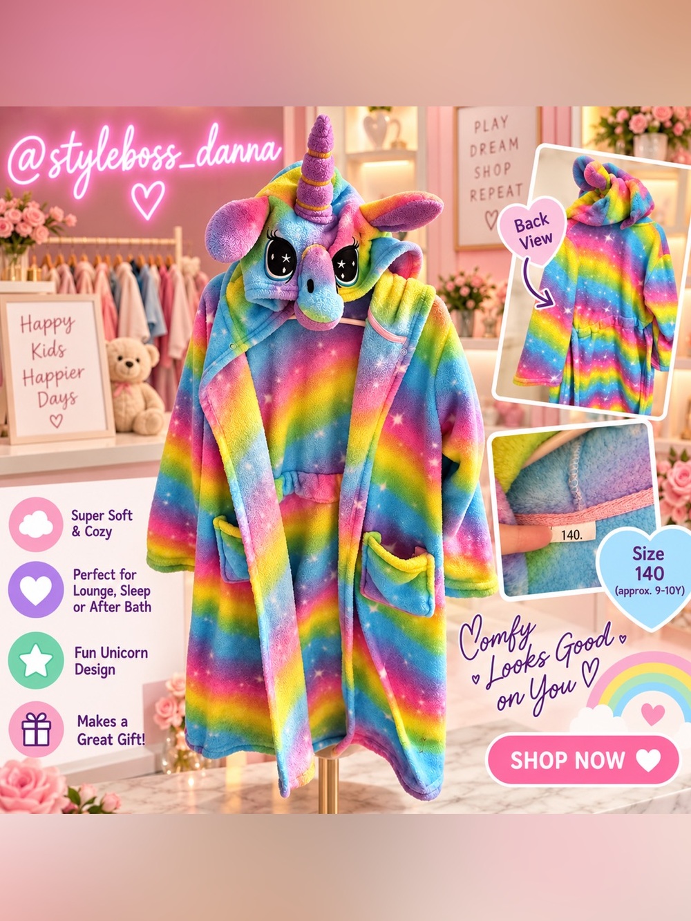 Kids Unicorn Hooded Rainbow Fleece Robe - Multicolor